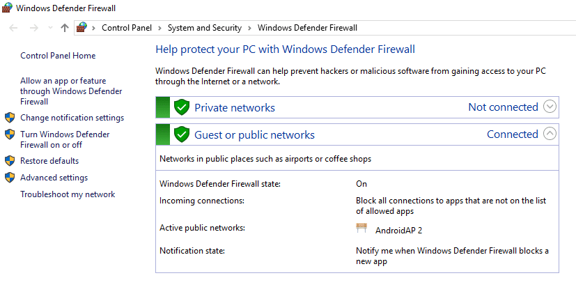 Windows Defender Firewall screen will appear