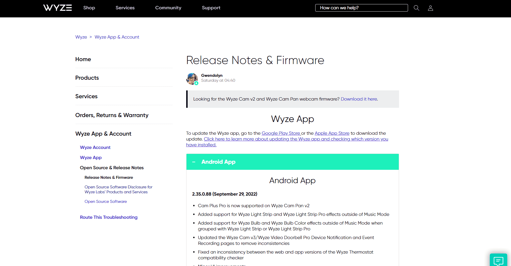 Wyze firmware releases page