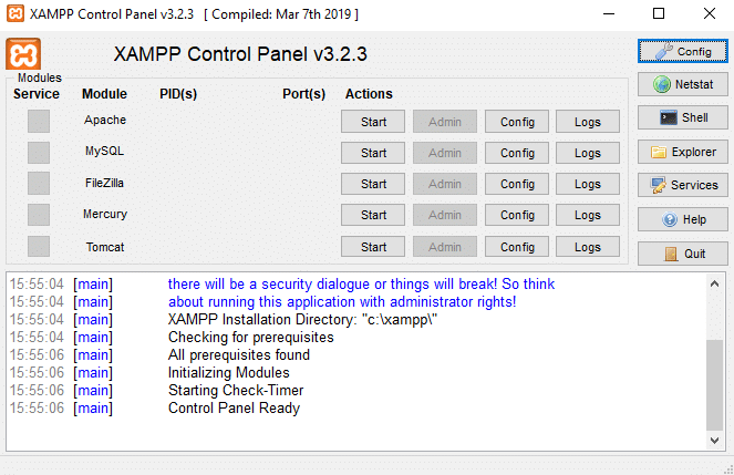 XAMPP Control panel will launch and test your programme and can begin the web server environment configuration.