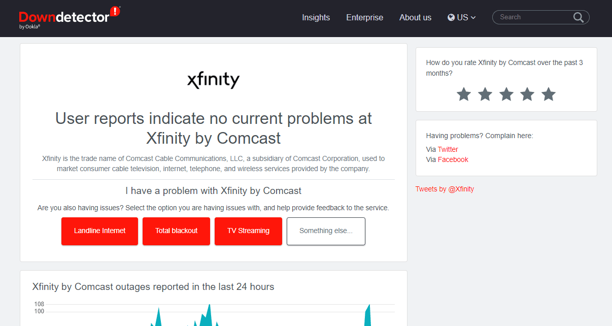 Xfinity serverio žemyn detektoriaus puslapis