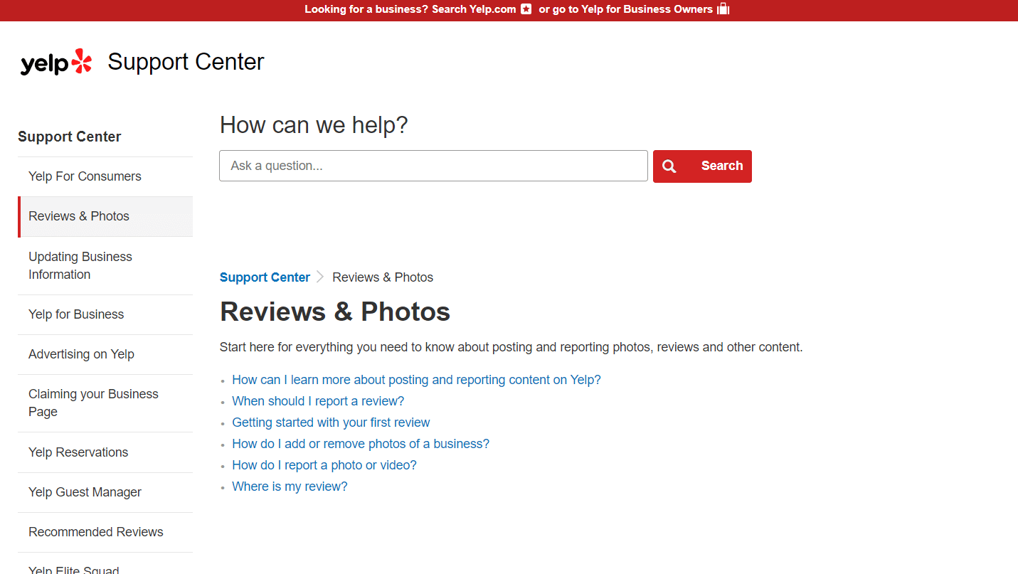 Yelp Reviews & Photos Support Center page