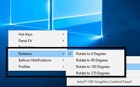 You can get the screen rotation option directly from the taskbar icon of Intel Graphics Settings