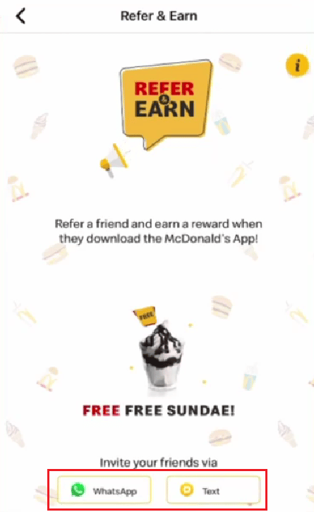 You can refer your friends by tapping on WhatsApp or Text | claim your McDonald's rewards