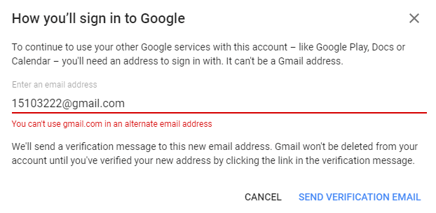 You can’t use another Gmail address as the alternate email