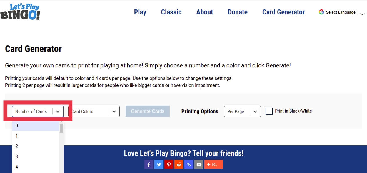 You need to fill in the “Number of cards” you want to generate and the “Colour” of these cards | How to Play Bingo on Zoom