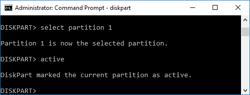 You need to set the partition as active, simply type active and hit Enter