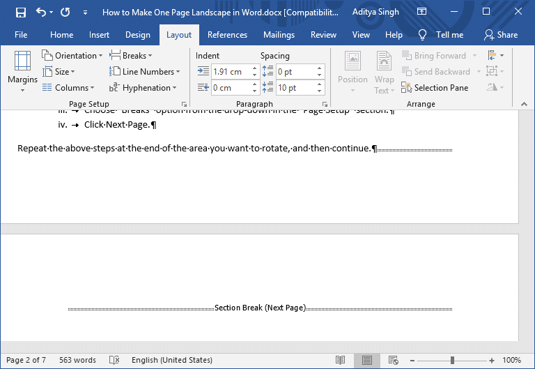 Blank page in the middle of two pages of content | How to Make One Page Landscape in Word