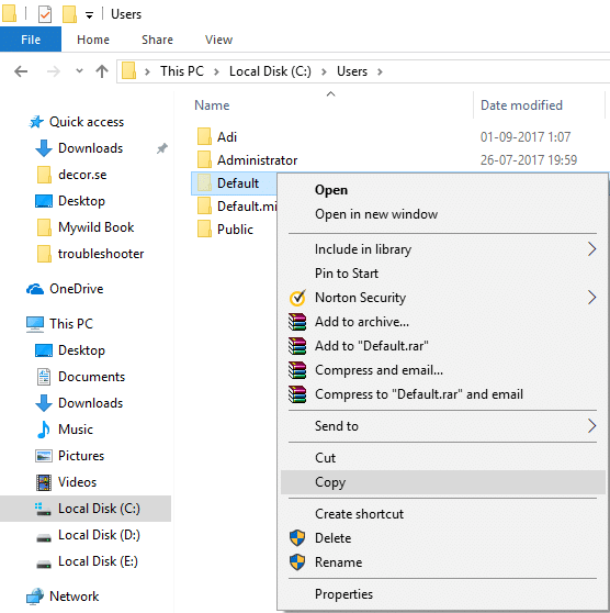 You will see a hidden folder called Default. Right-click and select copy