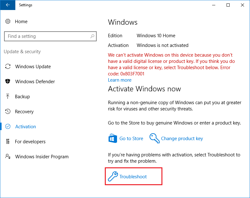 Вы увидите это сообщение Windows не активирована, затем нажмите ссылку «Устранение неполадок».