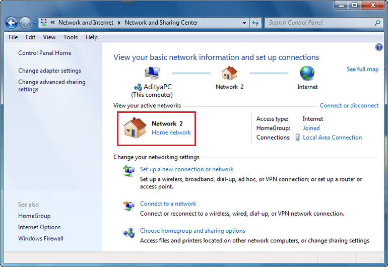 You will see your active network connection under “View Your Active Networks”
