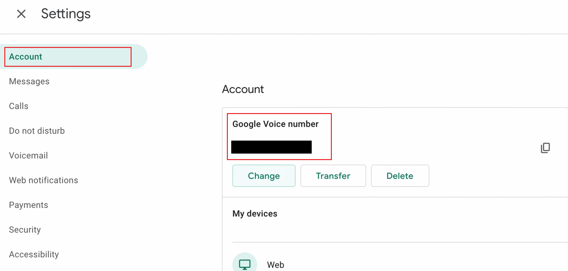You will see your phone number under the Google Voice number section in the Account tab | How to Lookup Google Voice Phone Number