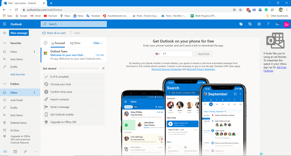 บัญชีของคุณถูกสร้างขึ้นแล้ว Outlook.com จะตั้งค่าบัญชีของคุณและแสดงหน้ายินดีต้อนรับ