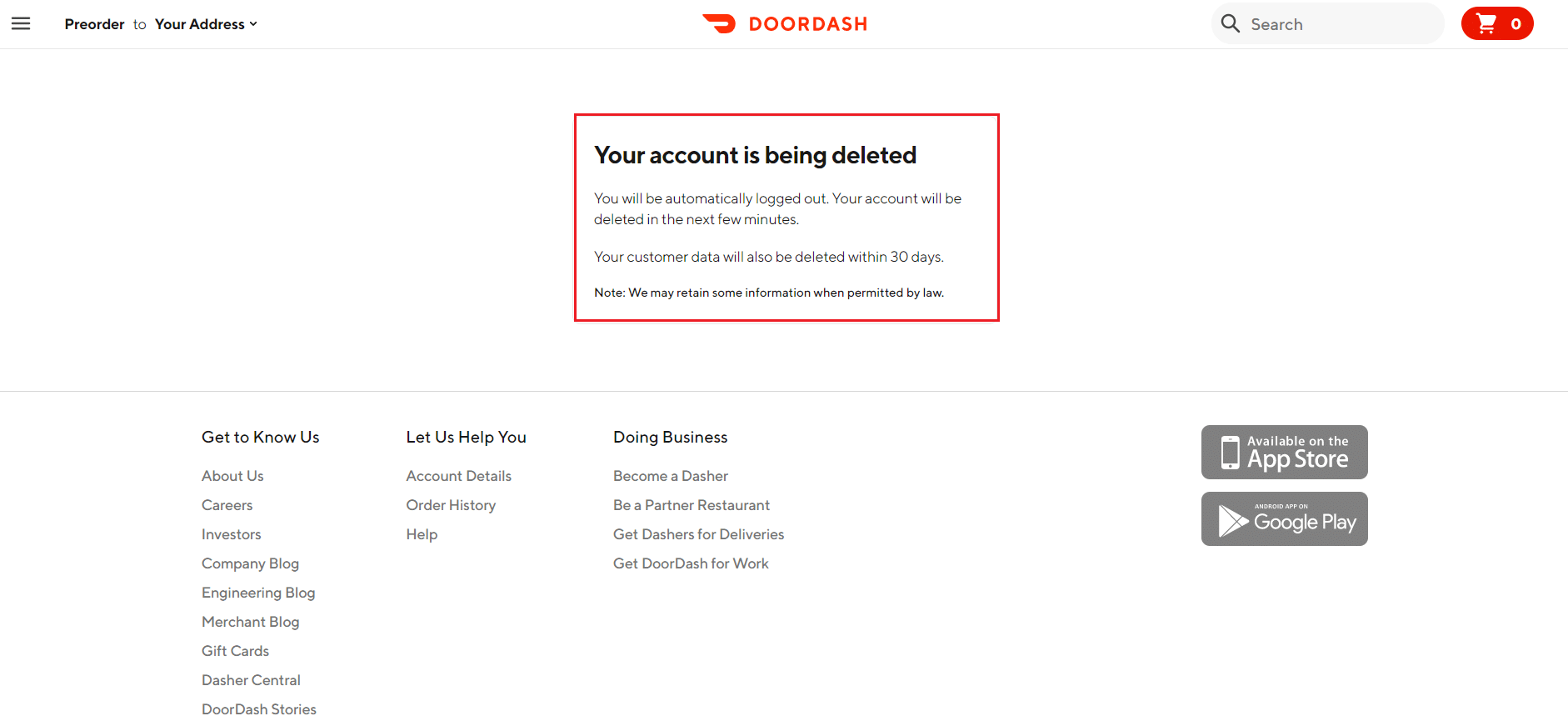 Your account is deleted message in DoorDash website