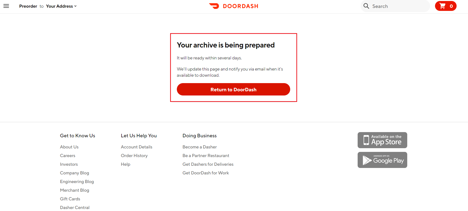 Your archive is being prepared in DoorDash website