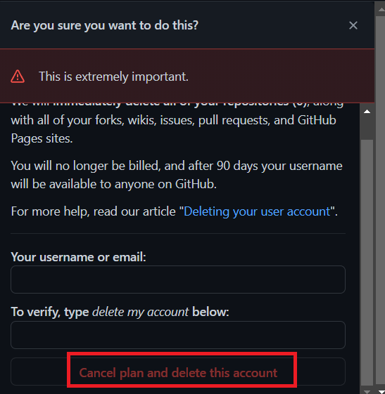 A confirmation window will display; in the supplied field, insert your username/email and Click on Change plan and delete this account.