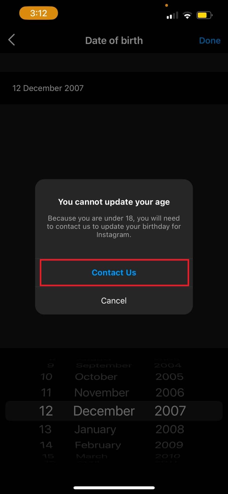 При нажатии на кнопку «Свяжитесь с нами» появится диалоговое окно. | Как изменить возраст в Instagram