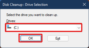 Select C: drive from the dropdown menu under Drives, and click OK.