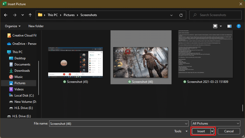 A File explorer pop up window will appear. Now, locate your picture and click on Insert.