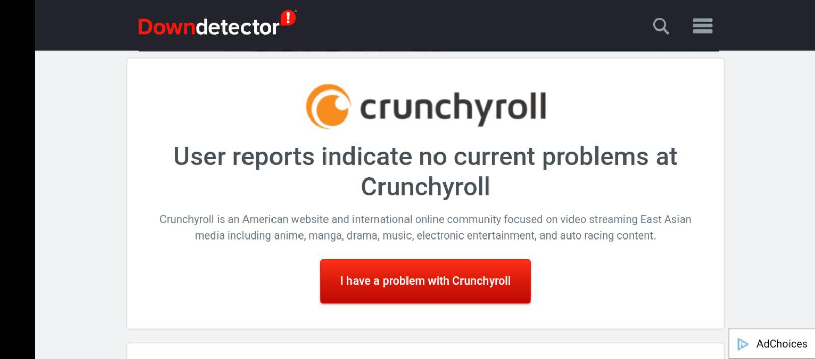 a message stating no current problems at Crunchyroll. How to Fix Crunchyroll Not Working