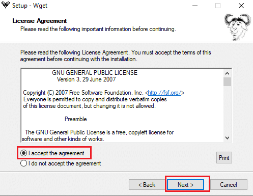 اقبل اتفاقية الترخيص وانقر فوق التالي | قم بتثبيت WGET لنظام التشغيل Windows