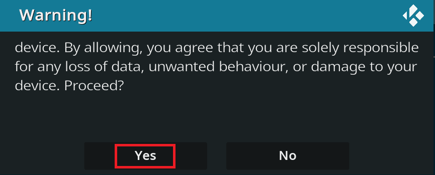 Accept the warning message that appears in the pop up window by selecting Yes
