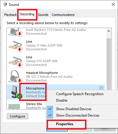 Access the Recording tab in the Sound Panel. 5. Right-click on the Microphone option 6. Choose Properties. 