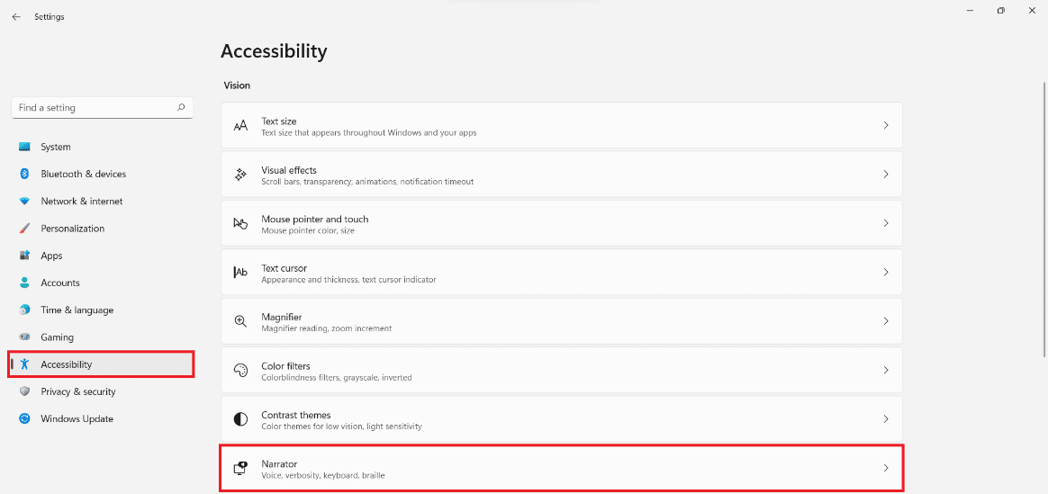 Accessibility section in the Settings app. How to Enable Narrator Caps Lock Alert Windows 11