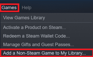 Add a non steam game to my library ption in Games menu in Steam
