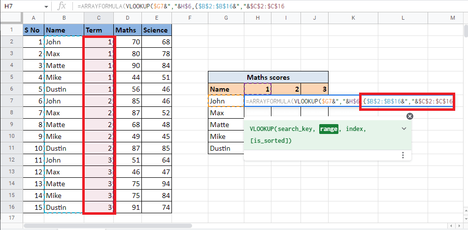 Add a separator (&”,”&) and select the Term column which we will combine with the Name column. Lock the selected cells by pressing the F4 key | How to VLOOKUP Multiple Criteria and Columns in Google Sheets
