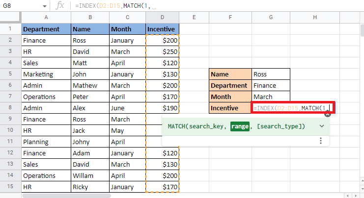 Add comma to move to the next argument of adding criteria to make matches. How to INDEX MATCH Multiple Criteria in Google Sheets