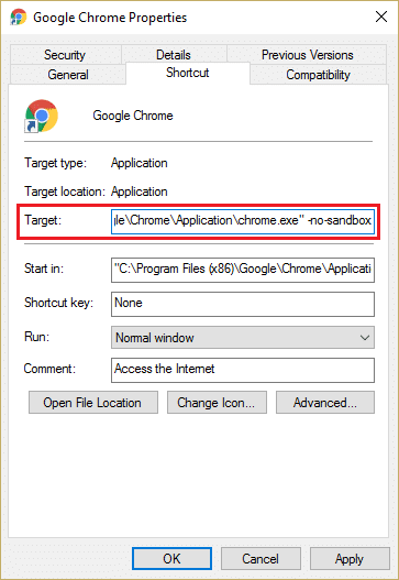 add -no-sandbox in target under shortcut tab in Google Chrome | Fix Aw Snap Error on Google Chrome