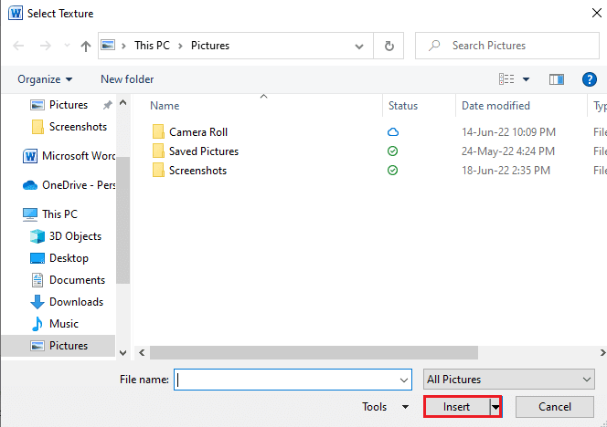 Add picture and click insert | How to Change Background Color in Microsoft Word