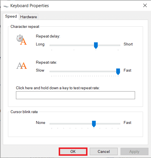 adjust the Repeat Delay and Repeat rate sliders on the Speed tab