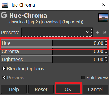 Adjust the Hue slider until you are pleased with the results then click OK