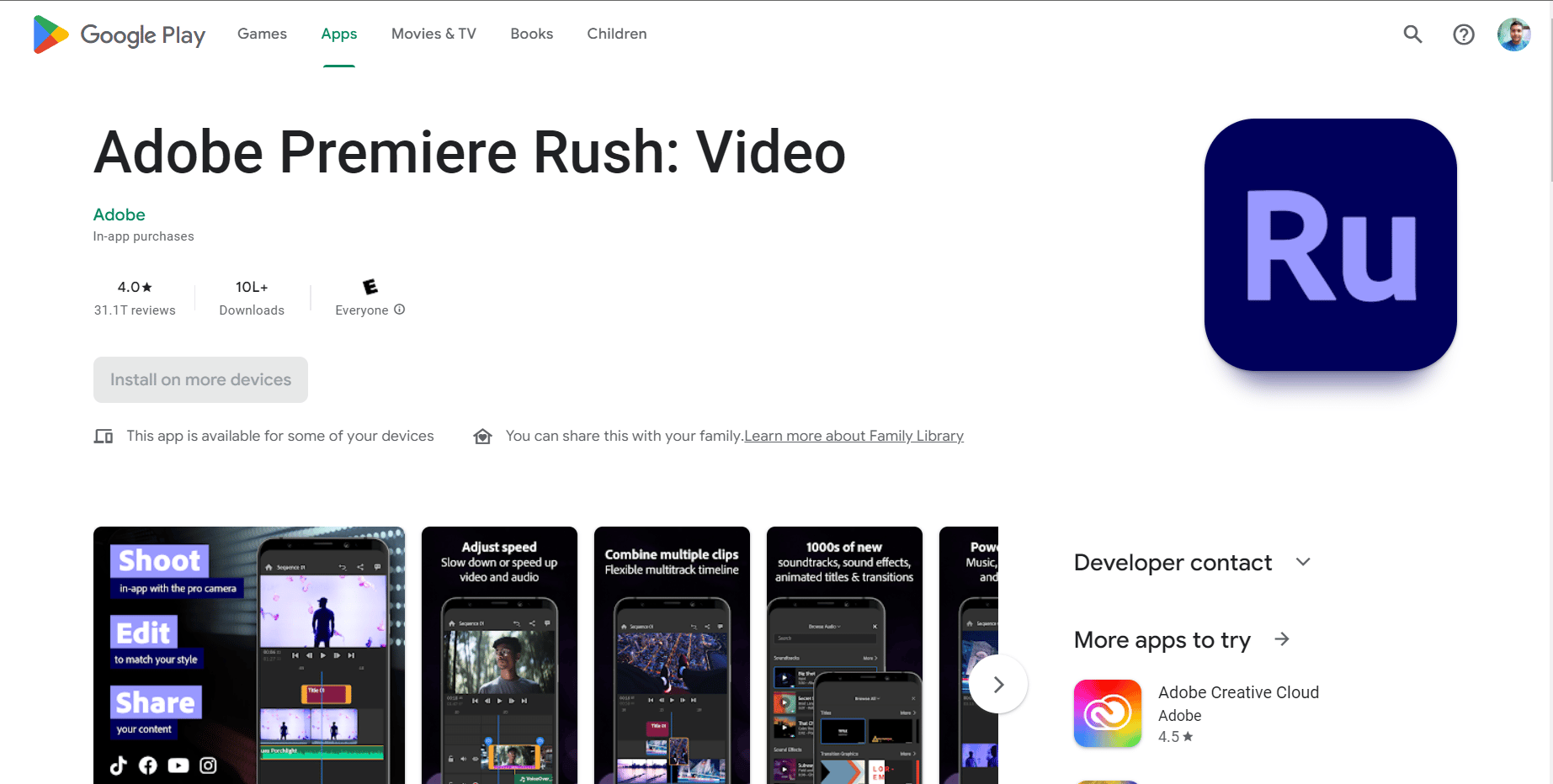 Pagina di installazione di Adobe Premiere Rush