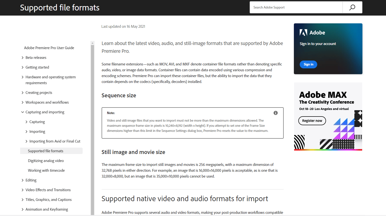 adobe supported file formats page