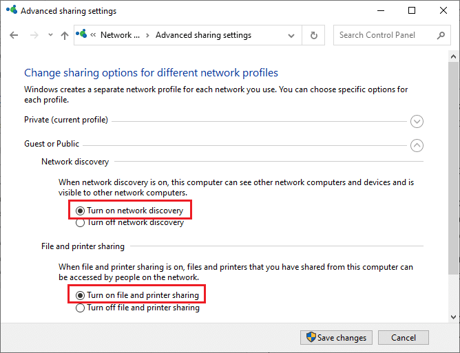 Advanced sharing settings window. How to Turn On Network Discovery in Windows 10