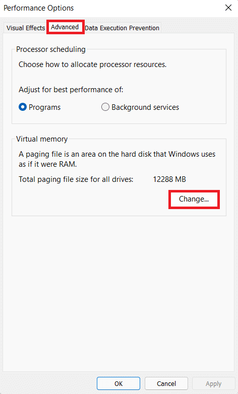 Advanced tab in Performance options.
