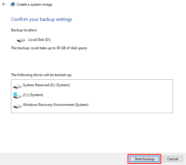 after confirming all the settings, click on Start backup to finally create an image of your computer