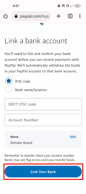 After entering all bank details, tap on the Link to the bank button.