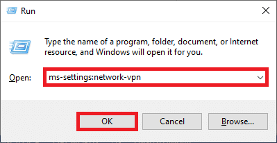 After entering the command in the Run text box, click the OK button to open VPN