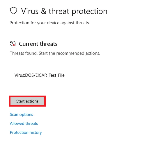 Click on Start Actions under Current threats