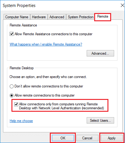 Allow connections only from computers running Remote Desktop with Network Level Authentication