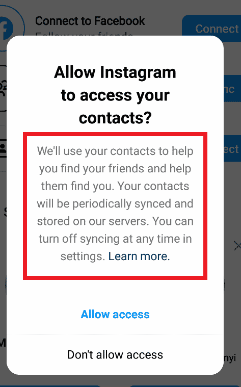 Allow Instagram to access your contacts pop-up menu. Action: Allow access or Cancel | How to Find Contacts on Instagram
