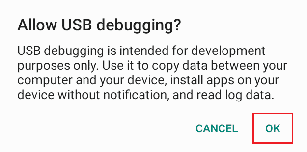 allow usb debugging in android device