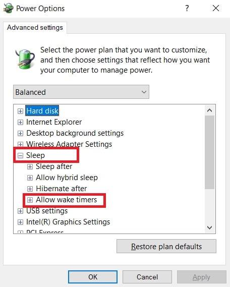 Allow Wake Timers option. Fix MoUSO Core Worker Process in Windows 10