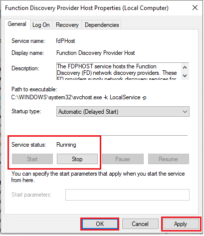 Also, ensure that the Service status reads Running if not, click on the Start button. Click on Apply to save and click OK to exit. 