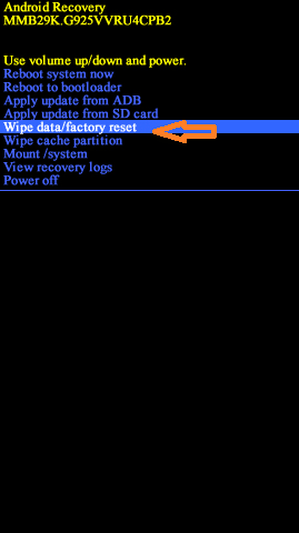 Android Recovery screen will appear in which you shall select Wipe data/factory reset. You can use volume buttons to go through the options available on the screen and you can use the power button to select your desired option.