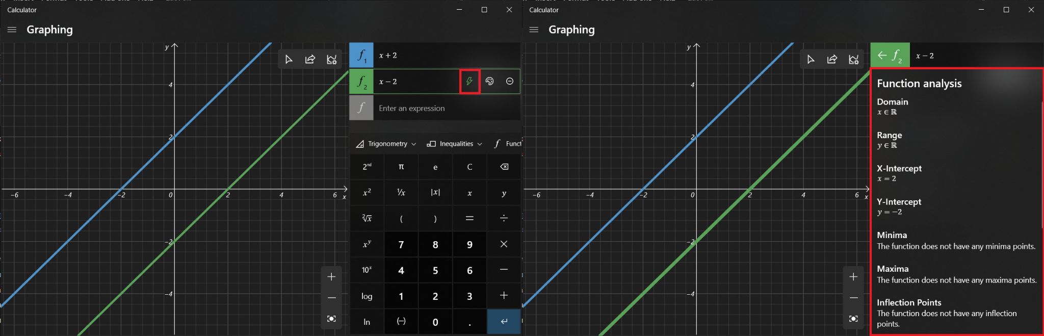 Apart from plotting equations, the graphing mode can also be used to analyze equations (although not all of them). To check the functional analysis of an equation, click on the lightning icon next to it.
