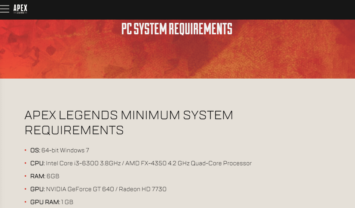 Apex Legends PC system requirements